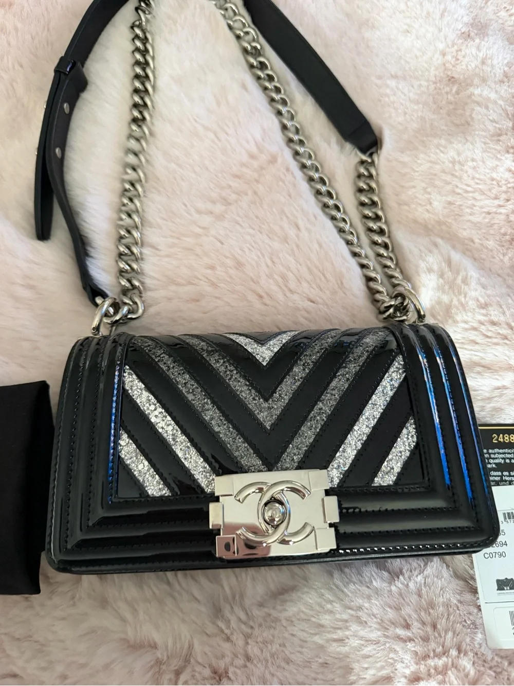 CHANEL Black & Silver Chevron Patent Glitter PVC Small Boy Bag Silver HDW
